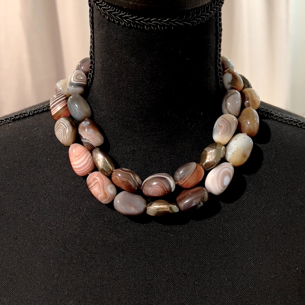 Gorgeous Agate Necklace, Silver Accent Beads And Sterling Clasp. Double Strand.